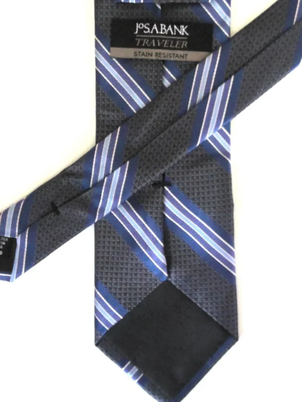 Jos A Bank Traveller Necktie Dark Gray Blue & White Striped 100% Silk Extra Long